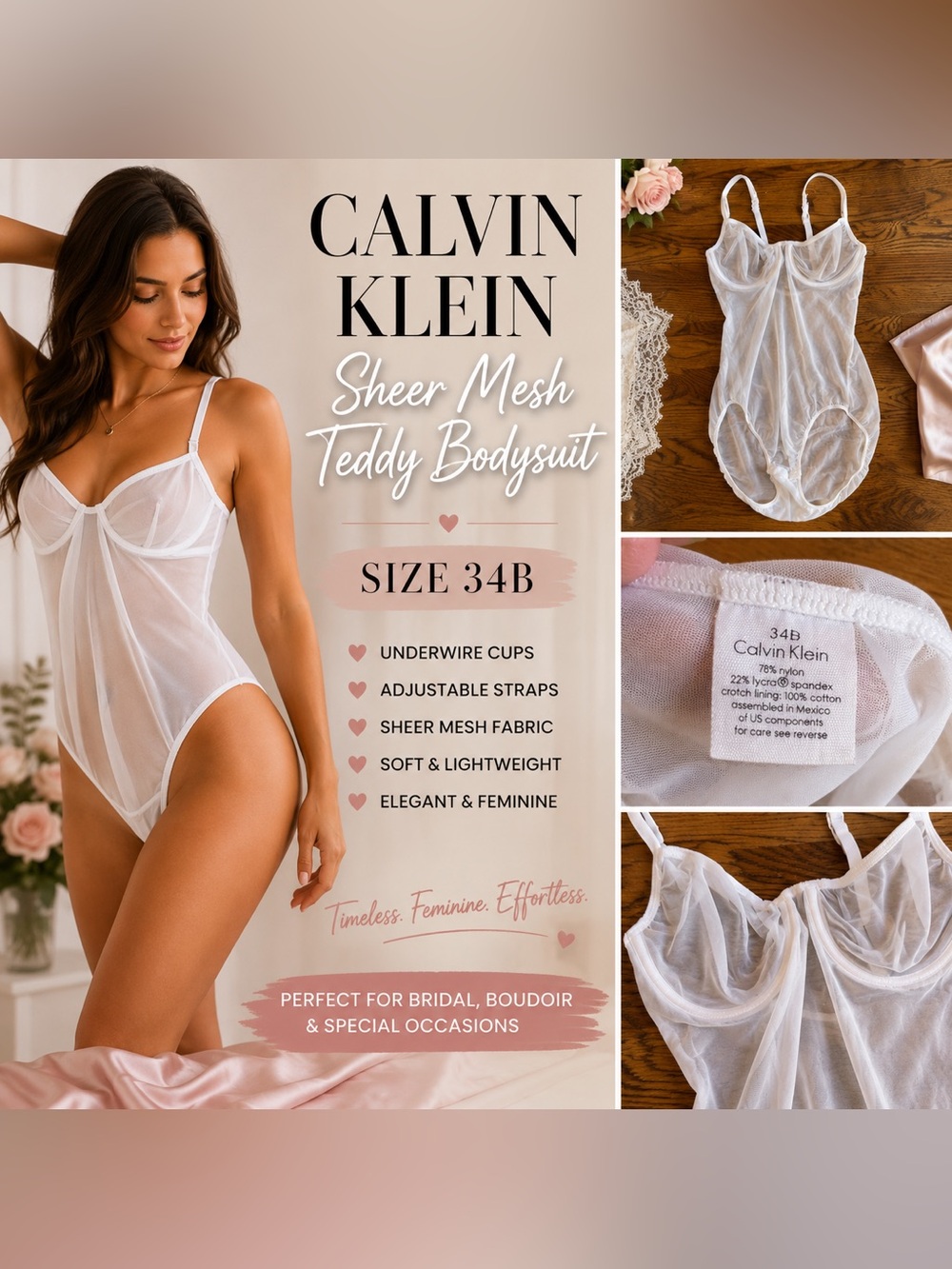 Calvin Klein White Sheer Mesh Teddy Bodysuit Lingerie 34B Honeymoon Wedding